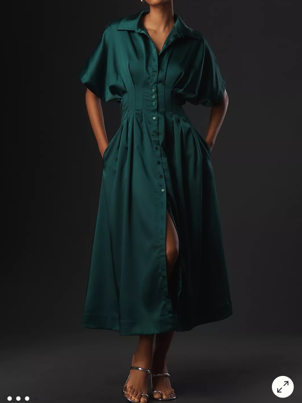 Anthropologie The Tobie Satin Shirt Dress by Exquise Emerald Green Size Small